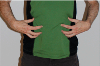 Figure 5: Create a brace and space by placing your hands on your belly, press the fingers into the stomach and push the stomach out against the force of the fingers.